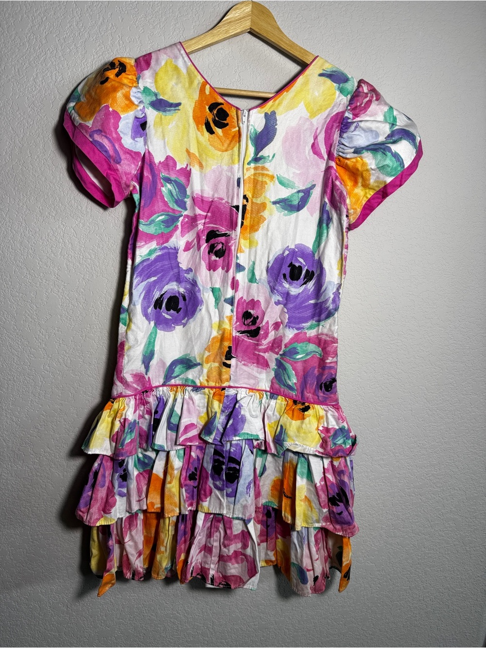 Vintage 80s 90s Picture Me Dress Floral Puff Sleeve Tiered Ruffle Bow Cottagecor - Picture 2 of 5